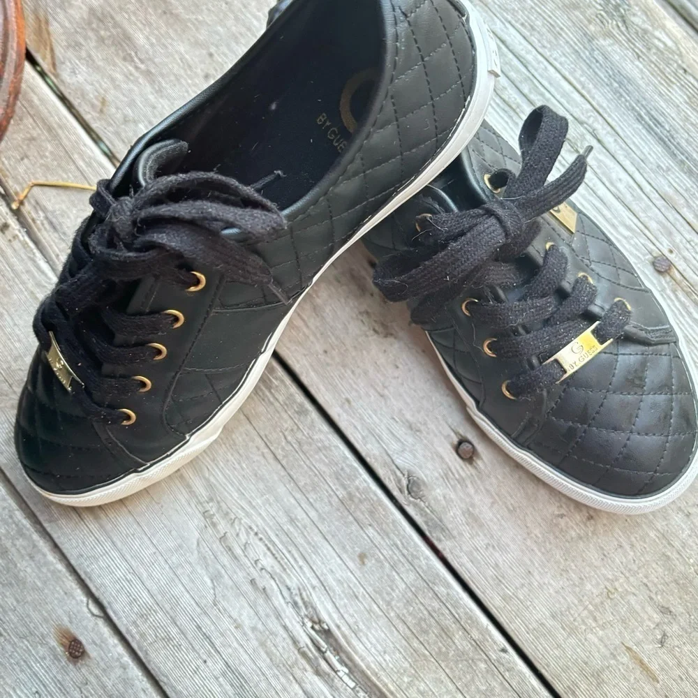 G By Guess Leather Quilted Black Sneakers Gold Embellished